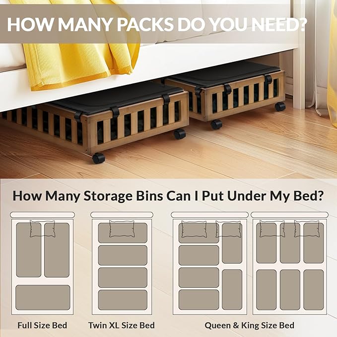 2 Pack Bamboo Under Bed Storage with Wheels, 39”x20”x7.8” Lager Under Bed Storage Containers (Brown)-Ruum Studio Home