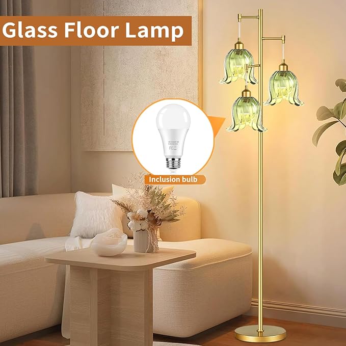 Gold Floor Lamp for Living Room,Bedroom,Tree 3 Light Standing Lamp Mid Century Modern Brass Tall Floor Lamps Vintage Retro Floor Lights Green Glass Flower Lamp Shade Farmhouse Boho Bohemian-Ruum Studio Home