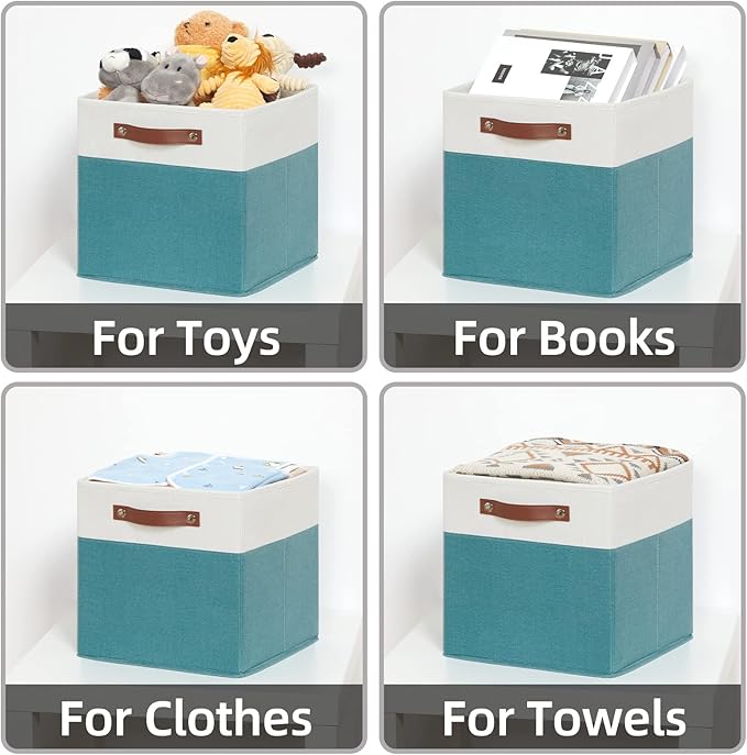 HNZIGE Storage Cubes Bins for Organization Set of 4, Fabric Storage Cube 12 x12, Collapsible Storage Bins Basket Cube with Handles, Canvas for Organizing Shelf Home Nursery(Teal White)-Ruum Studio Home