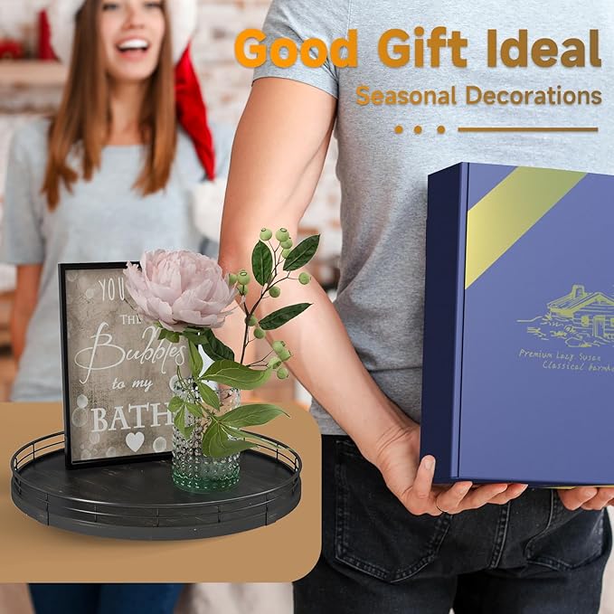 12" Oak Bathroom Vanity Tray Turntable for Perfume Candle, Round Wooden Decorative Tray for Kitchen Sink Countertop Organizer, Bathroom Counter Organizer for Skincare Makeup, Farmhouse Black Gold-Ruum Studio Home