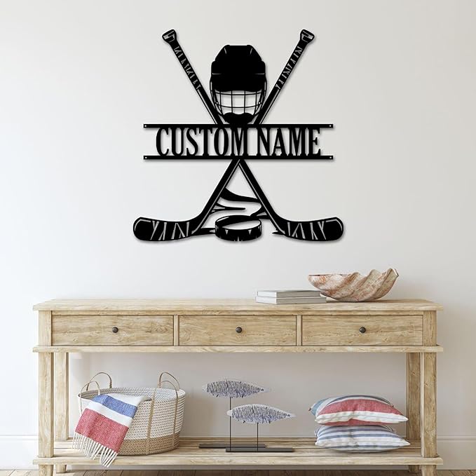 Hockey Metal Wall Art LED Sign – Custom Light Up Name Sign with Helmet & Sticks, 16-Color LED with Remote Control, Hockey Decor for Boys Room, Sports Fans-Ruum Studio Home