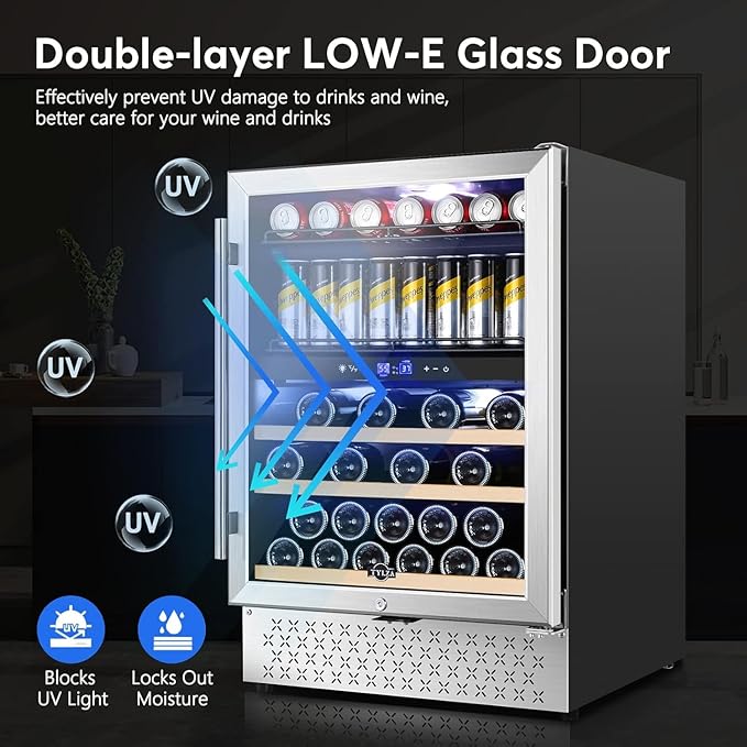 Tylza Dual Zone Wine Fridge, 24 Inch Wine and Beverage Refrigerator Built-in or Freestanding, Wine Beer Fridge Under Counter, Wine Cellar with Stainless Steel and Temperature Memory Function-Ruum Studio Home