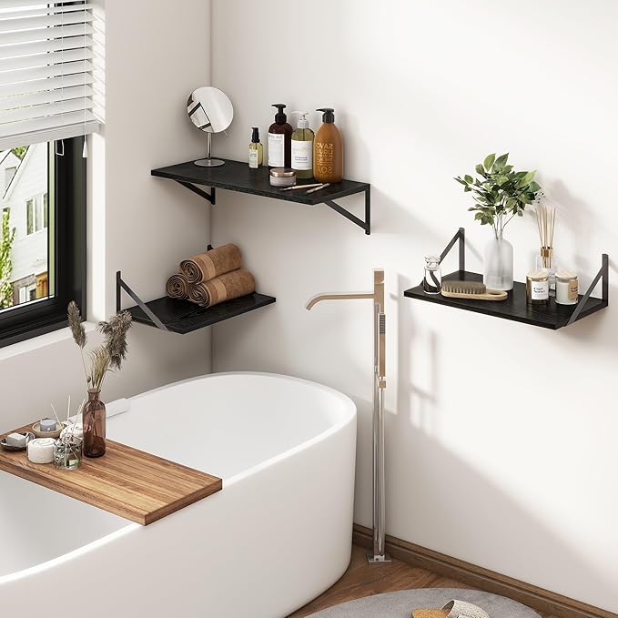 Fun Memories 27.5" W x12 D Floating Shelves, Black Wall Shelf with Brackets, 12 Inch Deep Floating Shelf Set of 2, Large Storage Kitchen Living Room Bathroom Shelves, Wood Wall Mounted Shelf-Ruum Studio Home
