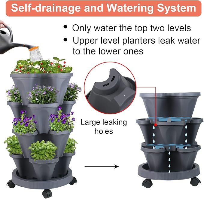 Vertical Planter 4 Tier Stackable Planters Garden Planters Strawberry Herb Flower and Vegetable Planter Indoor Outdoor Gardening Pots with Removable Wheels and Tools-Ruum Studio Home