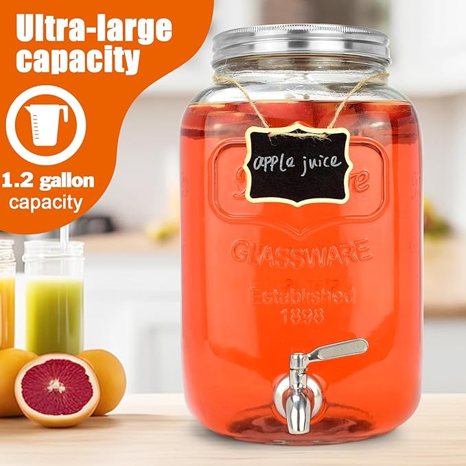DD&HAPP Glass Drink Dispensers For Parties. 1.2 Gallon Beverage Dispenser With Stand And Stainless Steel Spigot .Lemonade Dispenser With Ice Cylinder.Mason Jars,Laundry Detergent Dispenser.-Ruum Studio Home
