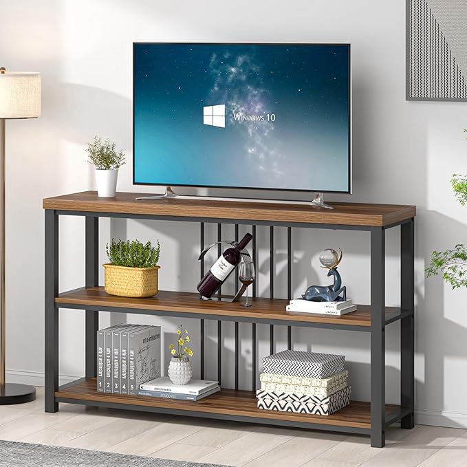 FOLUBAN Console Table for Entryway, Narrow Sofa Table with 3 Tier Storage Shelf for Living Room Hallway Behind Couch, Rustic Walnut-Ruum Studio Home