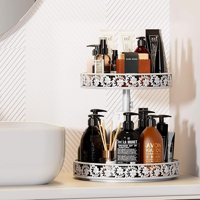2 Tier Lazy Susan Organizer Turntable Adjustable,12 Inch Two Tier Lazy Susan Metal Easy Assembly Cleaning, Rotating Spice Rack Organizer for Cabinet Dining Table Kitchen Countertop White-Ruum Studio Home