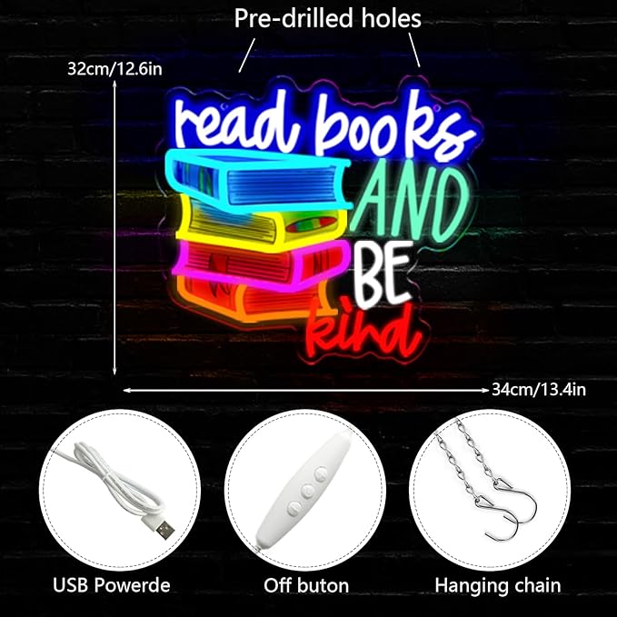 LED Read Books Be Kind Neon Signs Classroom Neon Lights Wall Decor for Reading Room, Classroom, Bookstore, Library, Museum, Study Room Gifts Art for Book Lover, Kids,Friends,family-13.4 x 12.6 IN-USB Powered-Acrylic-Ruum Studio Home