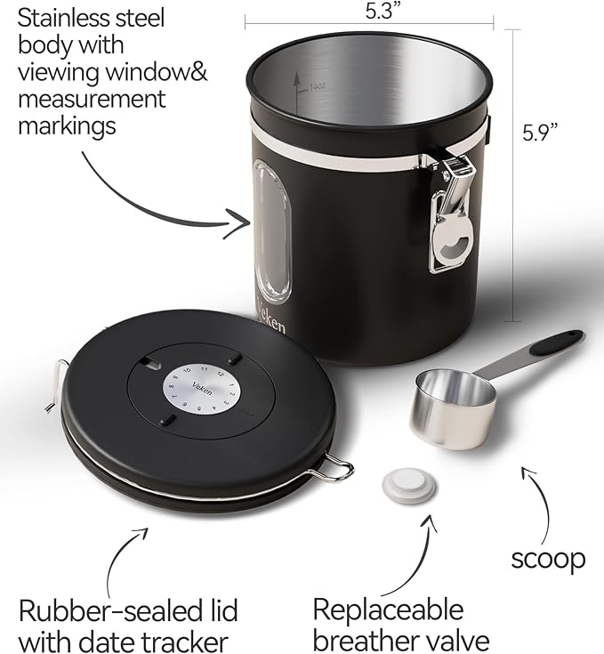 Veken Coffee Canister with Window, Airtight Stainless Steel Kitchen Food Storage Container with Lids, Date Tracker and Scoop for Grounds Coffee, Beans, Tea, Flour, Cereal, Sugar Jars, 16OZ, Black-Ruum Studio Home