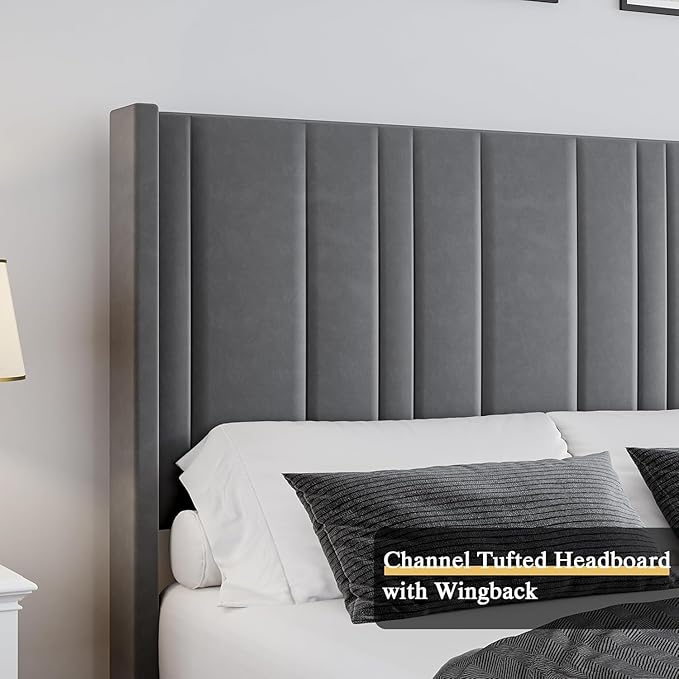 HOMBCK Full Bed Frame with Headboard, Upholstered Platform Bed Full Size with Velvet Headboard & Footboard/Vertical Channel Tufted/Wooden Slats/Noise Free/No Box Spring Needed/Easy Assembly, Grey-Ruum Studio Home