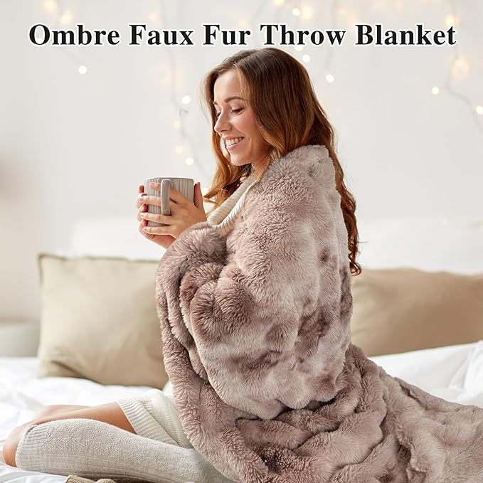 Bcareself Faux Fur Blanket Two Sided Ultra Soft Fluffy Reversible Fuzzy Throw Blanket for Women Men Double Sided Ombre Faux Luxe Faux Fur Thick Minky Blanket for Couch Bed-Ruum Studio Home