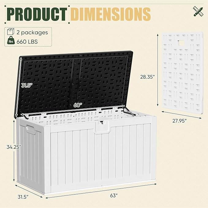 JUMMICO 250 Gallon Outdoor Resin Deck Box with Divider, Waterproof Storage Box with Lockable Lid&Side Handles for Garden Tools, Pools Supplies (White with Black Cover)-Ruum Studio Home
