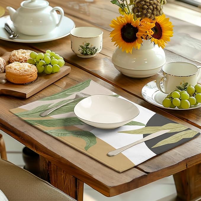 Tropical Palm Leaf Linen Placemats Set of 4 Summer Green Banana Leaves Themed Kitchen Place Mats Washable Non-Slip Heat Resistant Fabric Dining Table Placemats 12x18 Inch-Ruum Studio Home