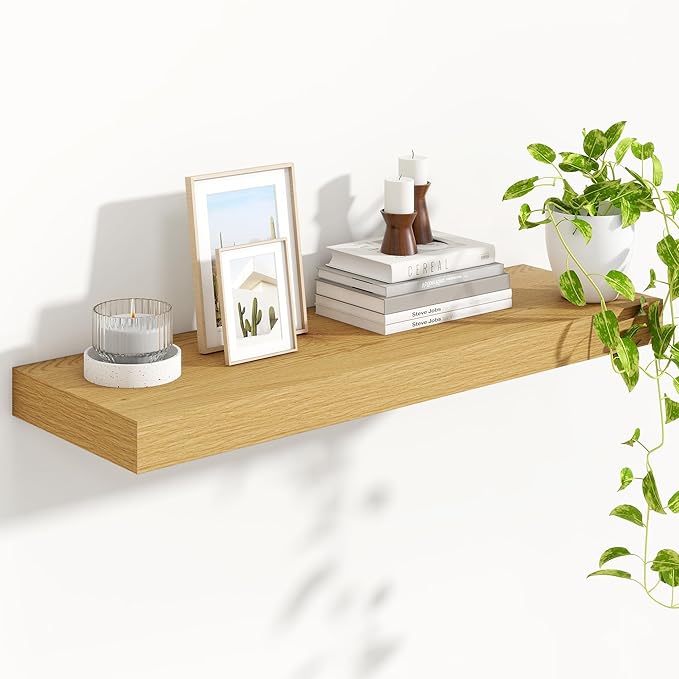 Heimlove 36 Inch Floating Shelves for Wall,10 Inch Deep Wood Shelves with Invisible Brackets,Wall Mounted Storage & Display Shelves for Bedroom,Living Room,Kitchen,Office,Oak Color-Ruum Studio Home
