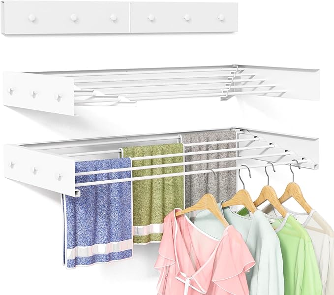 Wall Mounted Drying Rack for Laundry 31.5'', Folding Drying Rack Clothing Wall Mount with 5 Rods and 6 Hooks, Space Saving for Indoor Outdoor Bathroom Balcony (White, 31.5'')-Ruum Studio Home