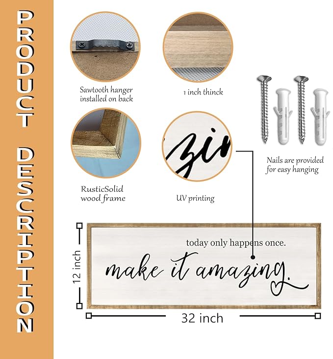 Today Only Happens Once Make It Amazing Wall Art Decor 32x12 Inch Large Inspirational Quote Sign Rustic Living Room Vintage Wood Frame Office Motivational Home Wall Hanging (Wood)-Ruum Studio Home