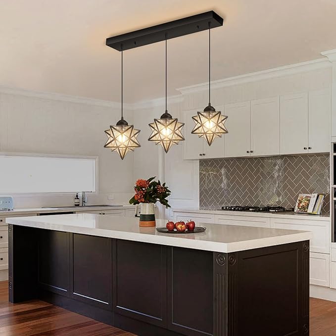 Farmhouse Modern Glam Chandelier Dining Room Clear Glass Star Pendants Light Fixture Kitchen Island LED Ceiling Hanging Lights Included Warm Light Bulbs Black-Ruum Studio Home