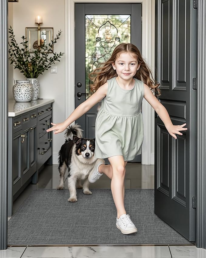 LUMI Ultra Thin Door Mat for Entryway, Low Profile Non Slip Rubber Backing Indoor Doormat, Easy Clean Welcome Entrance Mat for Inside House, Patio, Greenish Grey 20"x32"-Ruum Studio Home