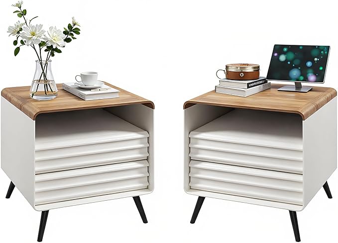 RedLemon 24" Nightstand Set of 2 with Charger Station, Mid Century Modern Fluted End Table with 2 Drawers，Wooden Side Table with Open Cubby Storage for Living Room, Bedroom, Office (Antuique White)-Ruum Studio Home
