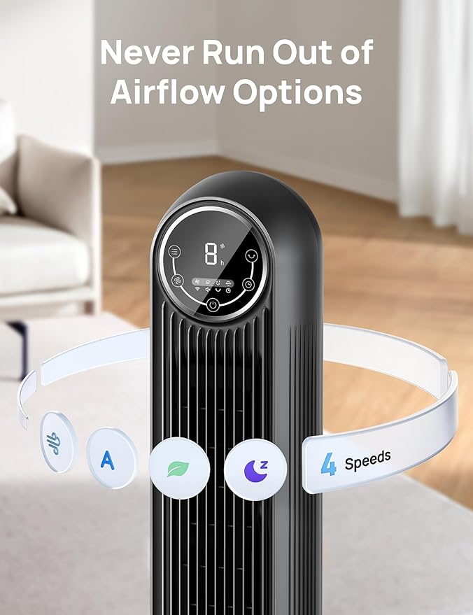 Dreo Tower Fan for Bedroom, 25ft/s Velocity Quiet Floor Fan, 90° Oscillating Fans for Indoors with 4 Speeds, 4 Modes, 8H Timer, Standing Fans, Bladeless Fan, Black, Nomad One (DR-HTF007)-Ruum Studio Home