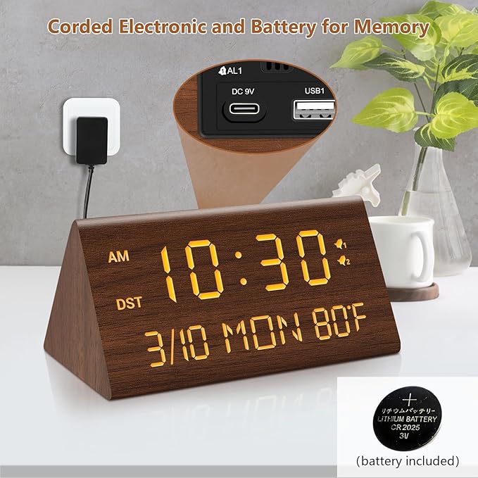 Kogonee Wooden Digital Alarm Clock, 0-100% Dimmer, 2 Alarm Settings, Weekday/Everyday Mode, 9 Mins Snooze, 12/24H, Temperature and Date Display for Office, Travel, Bedroom Alarm Clock (Brown)-Ruum Studio Home