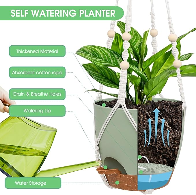 Hanging Planters for Indoor Outdoor Plants, 2 Pack Self Watering Hanging Pot with Drainage Holes, Removable Tray & 2 Kinds of Plant Hangers, 8'' Hanging Flower Pots for Home Garden Decor, Green-Ruum Studio Home