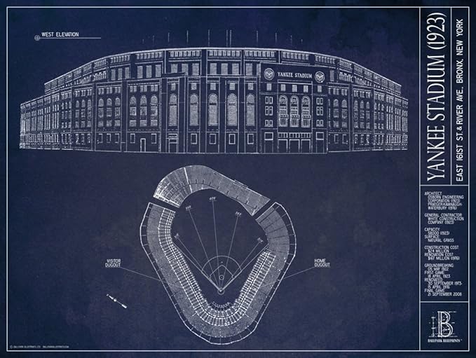 Old Yankee Stadium (1923) Blueprint Style Print-Ruum Studio Home