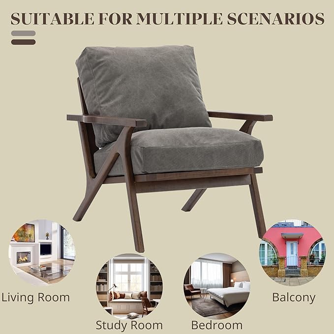 Wahson Mid Century Chair, Upholstered Accent Armchair, with Wood Frame and Canvas Cushions, Leisure Slipper Chair for Living Room/Bedroom, Grey-Ruum Studio Home