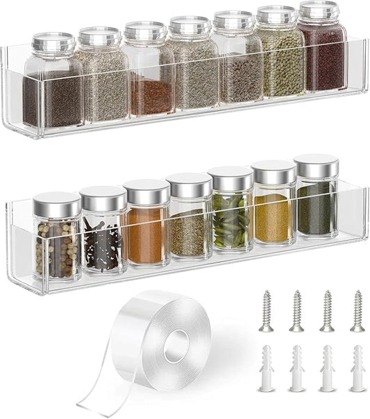 PMMASTO Adhesive Acrylic Spice Rack Organizer for Wall with Nano Double Sided Tape, Spice Shelf Organization for Kitchen Cabinet Door/Pantry Door, Wall Mount Seasoning Rack (Clear-2 Pack)-Ruum Studio Home