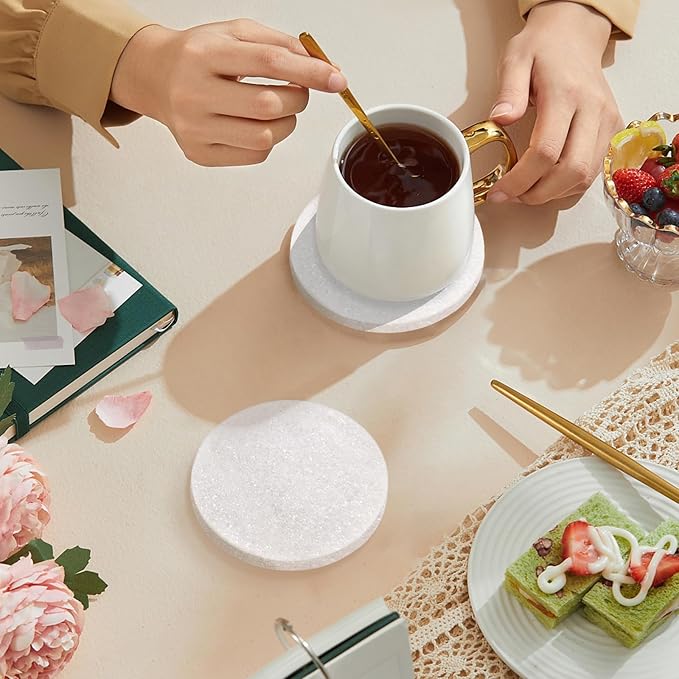 White Marble Coasters with Bling Particles, Set of 6 - Natural Marble Stone Drink Coaster with Protective Silicone Feet, 4 inch Diameter, 0.4 inch Thick - Heat-Resistant Coasters for Coffee Table-Ruum Studio Home