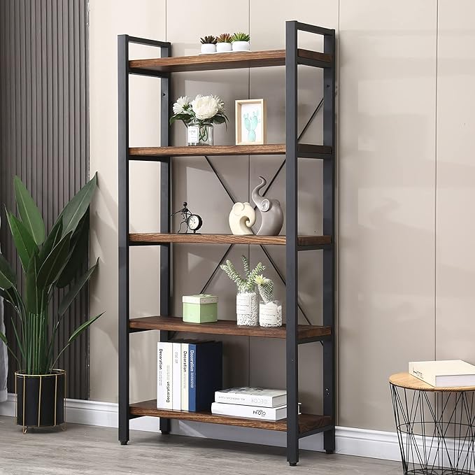 5 Tier Bookcase, Solid Wood Bookshelf Rustic Vintage Industrial Etagere Bookcase, Metal and Wood Free Vintage Bookshelf, Retro Brown (Real Wood) (5-Tiers)-Ruum Studio Home
