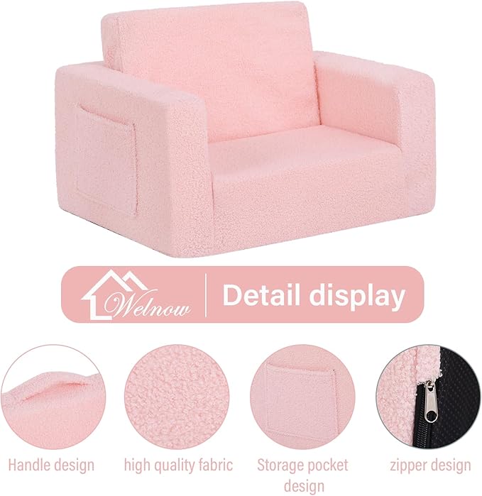 Welnow 2-in-1 Kids Sofa Chair, Convertible Toddler Chair Flip Out Children Sofa Chair Folding Kids Play Sofa with Side Pockets & Removable Cover Armrest Chair for Girl or Boy-Ruum Studio Home
