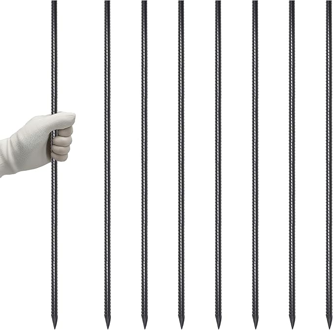 VVOKGO RebarStakes 36 Inch Ground Rebar Stakes (8 pcs), Heavy Duty Hook Ground Anchors, Steel Plant Support Garden Stake with Chisel Point end Black Plastic Spraying for Anti-Rust-Ruum Studio Home