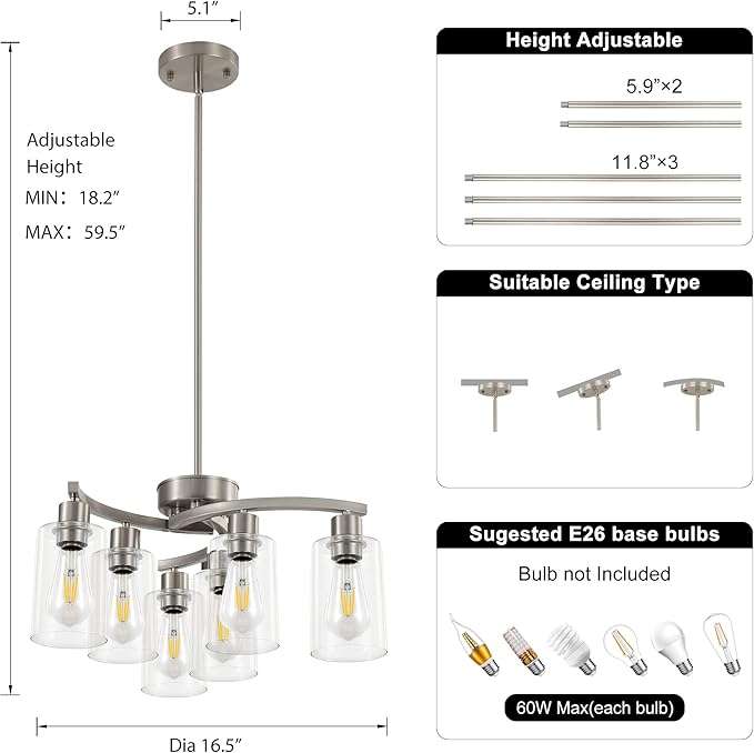 6 Light Modern Brushed Nickel Pendant Light Fixture For Dining Room，Contemporary Kitchen Light Fixtures Brushed Nickel，Adjustable Height Farmhouse Dining Chandeliers Over Table，With Glass Shade-Ruum Studio Home