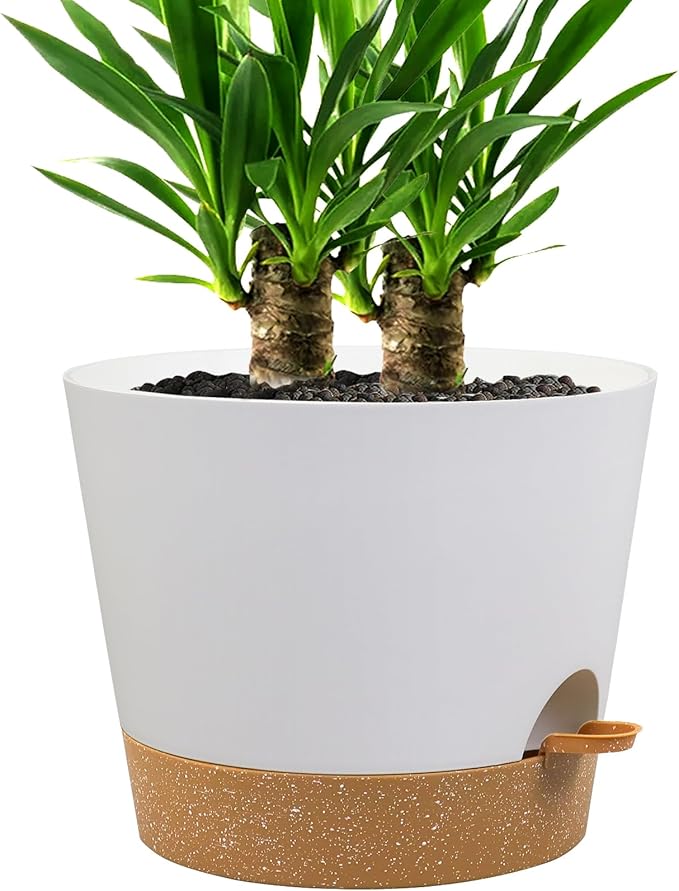 Self Watering Pots for Indoor Plants,12 inch Planters with Drainage Holes Plastic Flower Pots with Deep Reservoir, White with Brown-Ruum Studio Home
