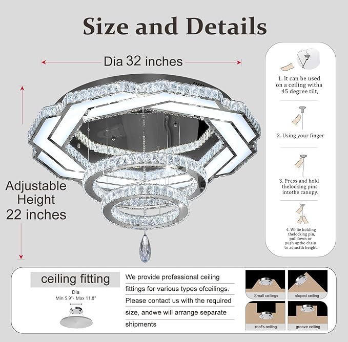 Flashing God Crystal Chandeliers Dia 32" Silver Elegant Chandelier Flush Mount Ceiling Light for Bedroom Living Room Dining Room Hallway Dimmable 3 Rings LED Celing Lighting Fixtures-Ruum Studio Home