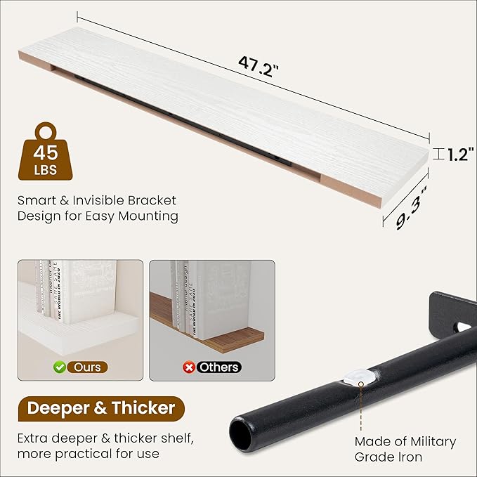 Fun Memories 48 Inch Deep Floating Shelves for Wall, 2 Pack of Long Wall Mounted Wood Shelves with Invisible Brackets for Bathroom, Bedroom, Living Room, Kitchen Decor and Storage, White-Ruum Studio Home