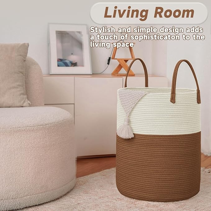 Large Woven Laundry Basket Hamper,60L Cotton Rope Storage Bin for Blankets,Toys and Clothes,Decorative Tall Nursery Hamper for Living Room,Baby Nursery,Bathroom and Bedroom,White and Brown-Ruum Studio Home