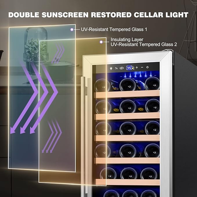 Tylza 15 Inch Wine Cooler Under Counter, 33 Bottle Built-in Wine Fridge with Stainless Steel Tempered Glass Door, Temp Memory Function, Freestanding Fast Cooling Wine refrigerator, Quiet Operation-Ruum Studio Home