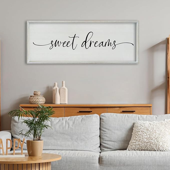 SRSZHIYUE Sweet Dreams Above Bed Wall Decor, 40"x15" Large Rustic Master Bedroom Over Bed Sign Guest Room Couples Wood Framed Farmhouse Horizontal Hanging Decoration (White)-Ruum Studio Home