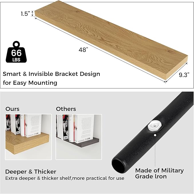Floating Shelves - 2 Large Wall Mounted Shelves with Invisible Brackets, Long Wood Floating Wall Shelf for Living Room, Bedroom, Kitchen (Oak, 48" W x 9" D x 1.5" H)-Ruum Studio Home