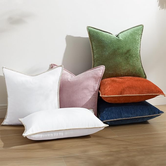 decorUhome Fall Chenille Soft Throw Pillow Covers 20x20 Set of 2, Farmhouse Velvet Neutral Decorative Euro Pillow Covers with Stitched Edge for Couch Sofa Bed Home Decor, Forest Elf-Ruum Studio Home