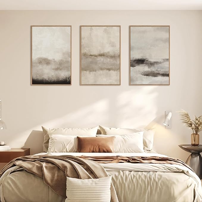 HPINUB Large Abstract Framed Canvas Wall Art Set,Minimalist Beige Gray Pastel Watercolor Wall Decor,Modern Illustration Neutral Art Painting for Living Room,Bedroom,Dining Room,Office -24"x36"x3-Ruum Studio Home