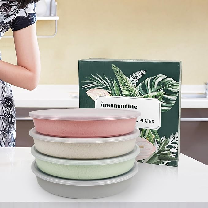 greenandlife 9 Inch 4PCS Divided Plates with Lids, Portion Control Plates for Kids Adults, Dishwasher Microwave Safe Compartment Plate, Unbreakable Lightweight Reusable Wheat Straw Plate Set, INS-Ruum Studio Home