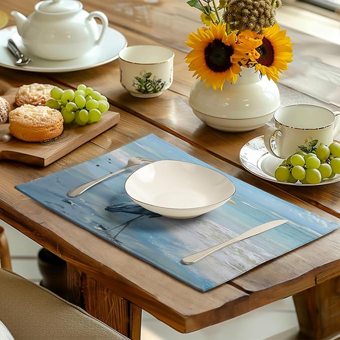 Blue Heron Placemats Set of 4 Summer Coastal Beach Pelican Placement Mats for Dining Table Nautical Ocean Bird Pattern Washable Non-Slip Heat-Resistant Linen Place Mats-Ruum Studio Home