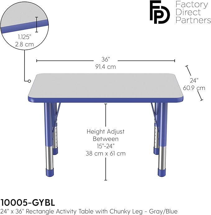 FDP Rectangle Activity School and Classroom Kids Table (24 x 36 inch), Chunky Toddler Leg, Adjustable Height 15-24 inches - Gray Top and Blue Edge-Ruum Studio Home