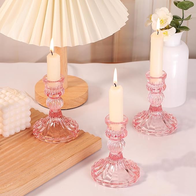 12PCS Pink Candlestick Holders Set- 4" H Taper Candle Holders, Glass Candle Holders Bulk for Wedding, Party, Home Table Centerpieces, Festival Gifts & Windowsill Decor-Ruum Studio Home