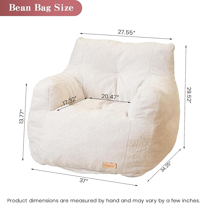Bean Bag Chair with Filler, Bean Bag Sofa with Tufted Soft Stuffed Filling, Fluffy and Lazy Sofa, Comfy Cozy BeanBag Chairs with Memory Foam for Dorm, Apartment, Living Room (White)-Ruum Studio Home
