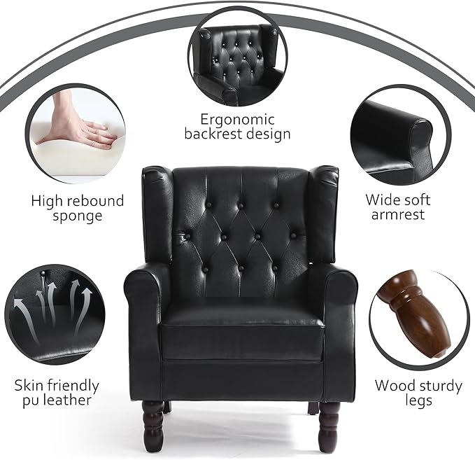 High Back Accent Chairs Set of 2,Upholstered Faux Leather Wingback Armchairs with Solid Wood Legs for Small Spaces,Comfy Single Sofa Chairs for Living Room,Bedroom-Carbon Black-Ruum Studio Home