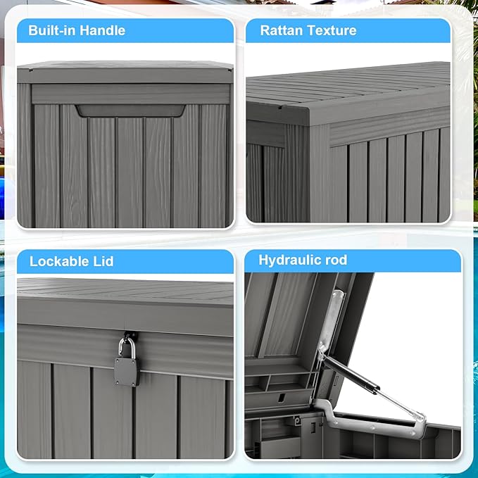Vixzen 180 Gallon Resin Deck Box, Lockable Outdoor Storage Box for Patio Cushions Storage Furniture,Garden Tools, Pool Supplies, Weatherproof and UV Resistant- Grey-Ruum Studio Home